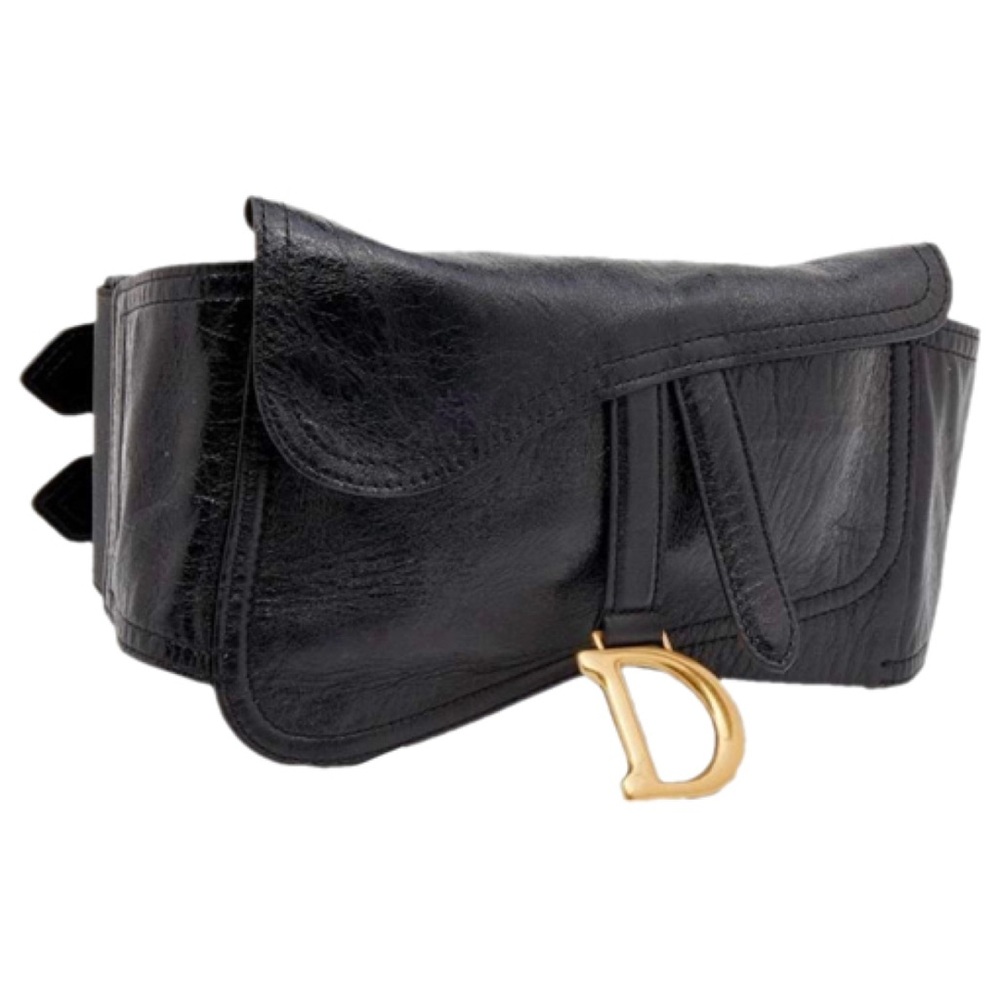 AUTHENTIC Dior Black Shine Leather Saddle Waist Belt Bag